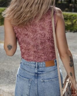 Heather Floral Textured V Neck Wrapped Sleeveless Bodysuit