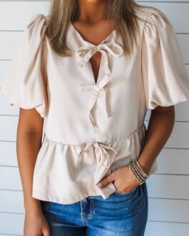 White Bow Tie Short Puff Sleeve Ruffle Hem Blouse