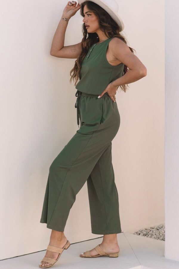 Vineyard Green Buttoned Drawstring Waist Sleeveless Wide Leg Jumpsuit - Image 3