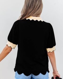 Black Color Contrast Collared V Neck Puff Sleeve Blouse