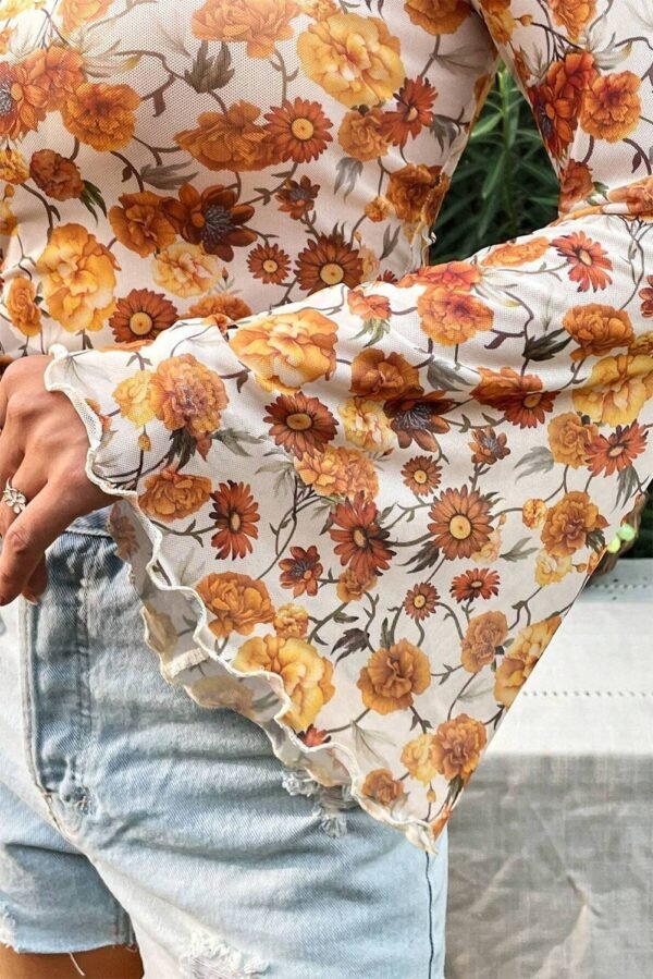 Orange Floral Printed Bell Sleeve Mock Neck Scallop Trim Blouse - Image 5