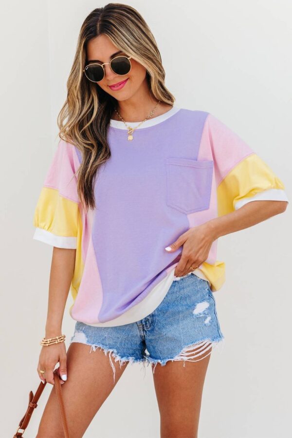 White Color Block Patchwork Half Sleeve Oversized T Shirt