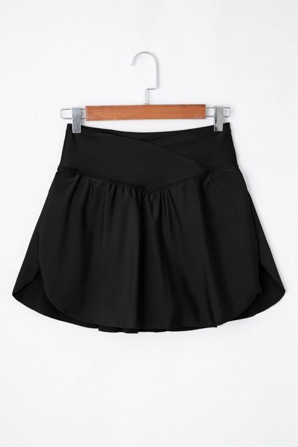 Black Solid Pocketed Crossover High Waist Swim Skort - Image 8