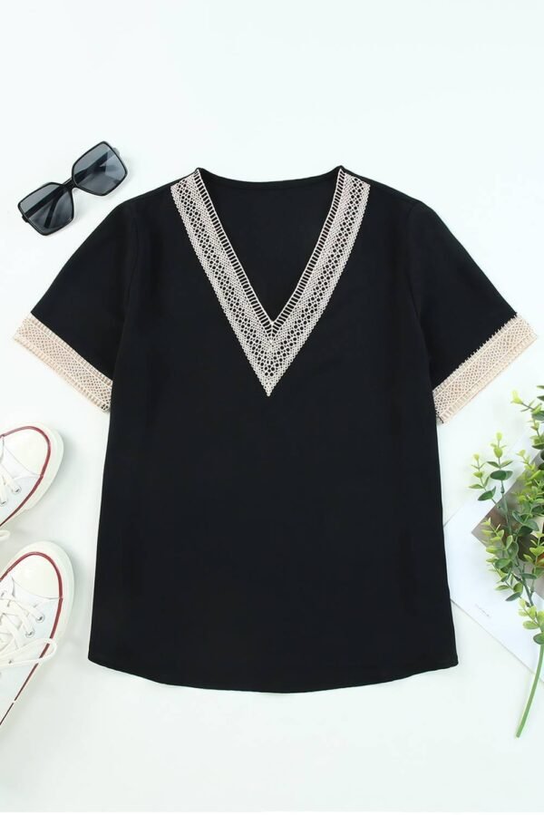 Black Lace Trim V Neck Short Sleeve Blouse - Image 5