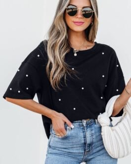 Black Pearl Beaded Drop Shoulder Crewneck T Shirt