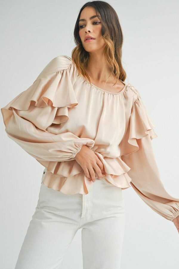 Oatmeal Lace-up Keyhole Back Ruffled Peplum Blouse - Image 8