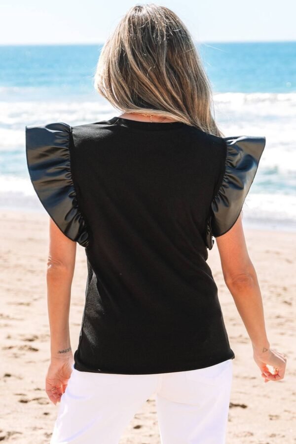 Black Leather Ruffle Sleeve Patchwork Round Neck Blouse - Image 2
