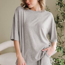 Gray Solid Color Loose Tee 2 Piece Shorts Set