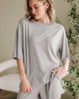Gray Solid Color Loose Tee 2 Piece Shorts Set