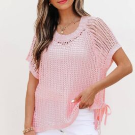 Pink Hollow-out Crochet Side Tied Short Sleeve Sweater