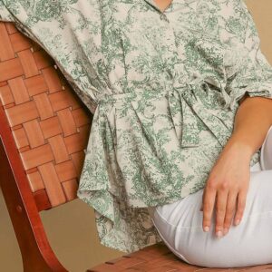 69751345-084e0c26b8ec5cd3.jpg Green Landscape Print Tied 3/4 Sleeve Shirt with Sash