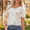 Pink Floral Puff Sleeve V Neck Tied Front Peplum Blouse