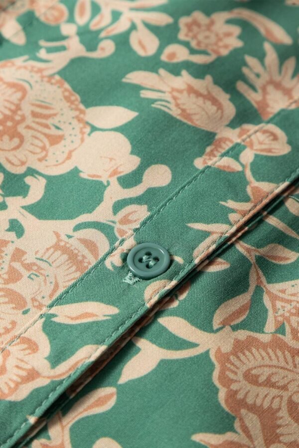 Green Floral Print Pleated Buttoned V Neck Short Sleeve Blouse - Image 7
