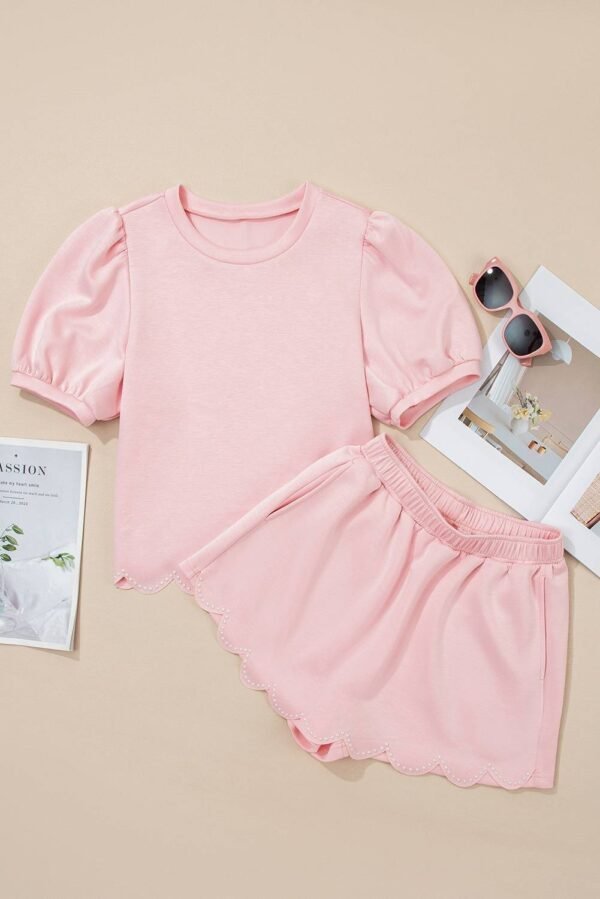 Light Pink Puff Sleeve Pearl Embellished Scallop Trim Top 2 Piece Skort Set - Image 3