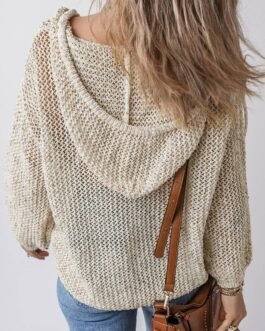 Jet Stream Hollow-out Kangaroo Pocket V Neck Hooded Sweater