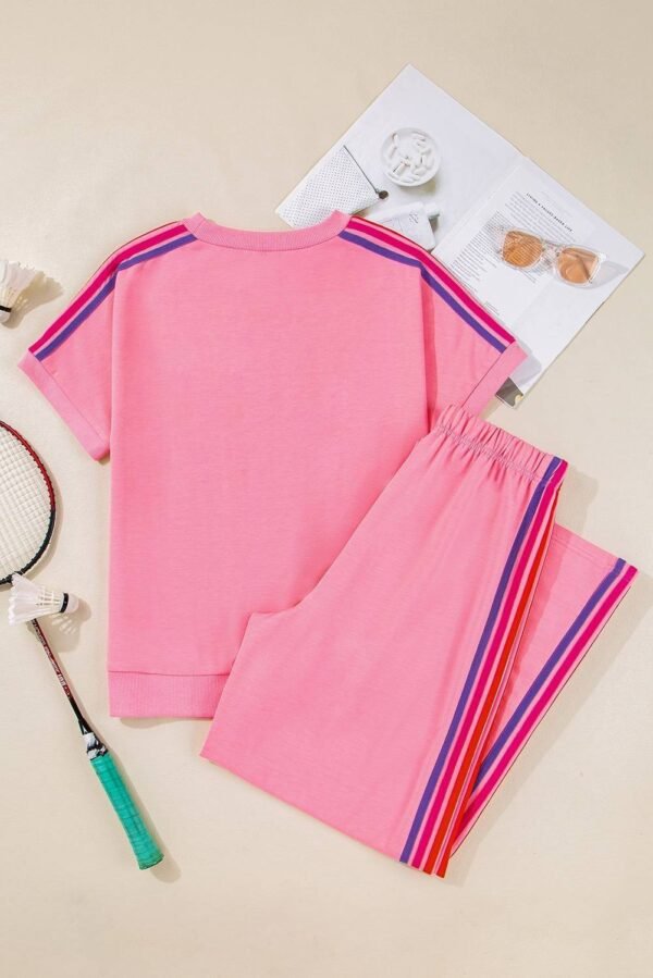 Bonbon Color Contrast Crewneck T Shirt and Wide Leg High Waist Pants Set - Image 5