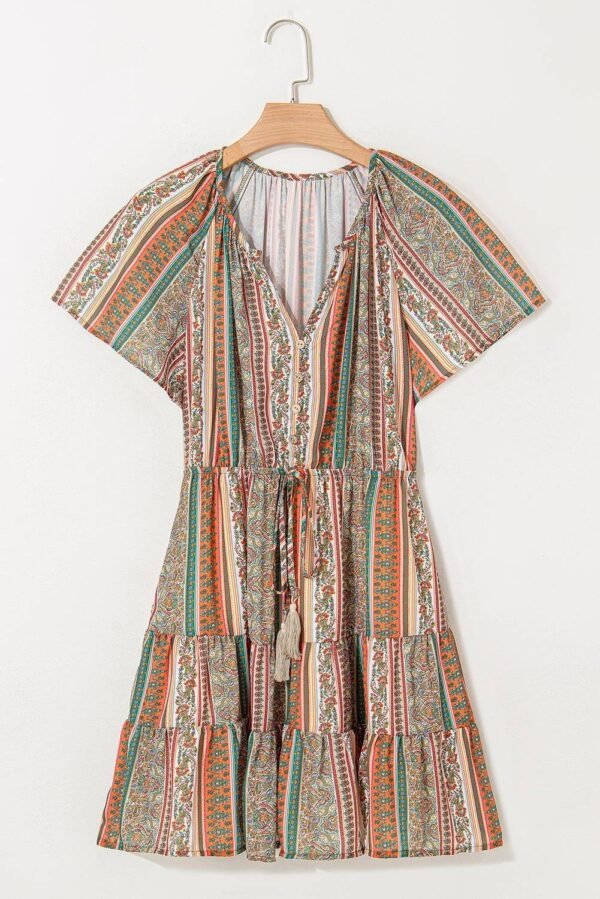 Red Bohemian Floral Print Buttoned V Neck Ruffle Tiered Dress - Image 6