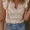 Beige Embroidered Patchwork Hollow Out Knitted Ruffle Sweater Vest