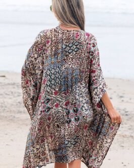 Apricot Floral Print Short Wide Sleeve Open Front Loose Kimono