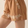 Khaki Embroidered Boho Tasseled Drawstring Elastic Waist Casual shorts