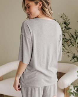 Gray Solid Color Loose Tee 2 Piece Shorts Set