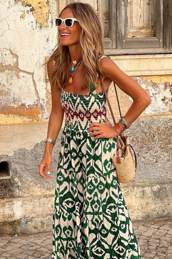 Green Western Aztec Shirred A-line Sleeveless Maxi Dress - Image 8