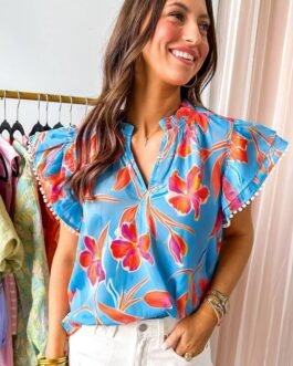 Sky Blue Floral Print V Neck Pompom Trim Flutter Sleeve Blouse