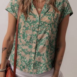 Green Floral Print Pleated Buttoned V Neck Short Sleeve Blouse