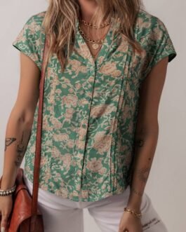 Green Floral Print Pleated Buttoned V Neck Short Sleeve Blouse
