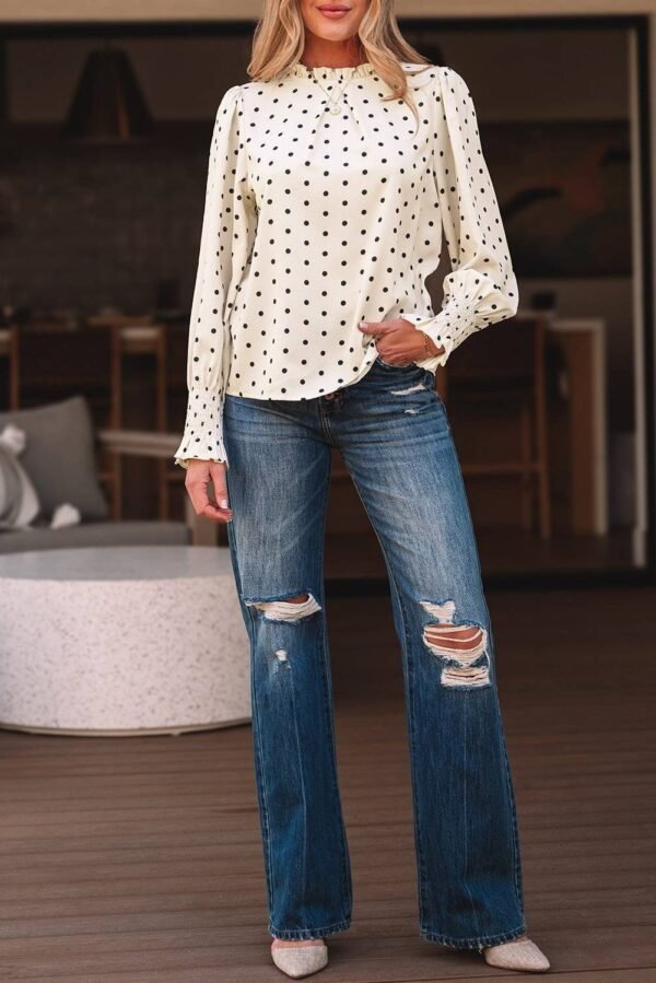 Apricot Polka Dot Print Frilled Collar Lantern Sleeve Blouse - Image 7