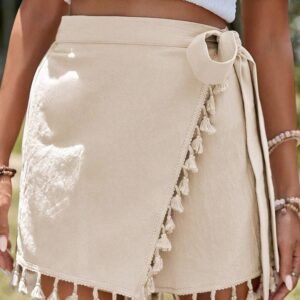 Apricot Tassel Trim Wrap Knot Side Bohemian Style Mini Skort