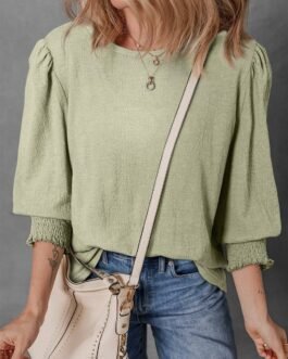Laurel Green Textured Round Neck Half Sleeve Blouse