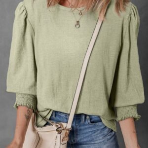 Laurel Green Textured Round Neck Half Sleeve Blouse
