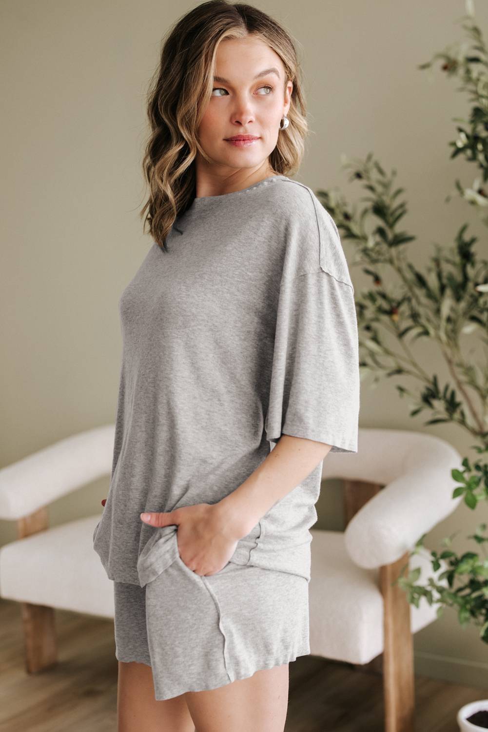 Gray Solid Color Loose Tee 2 Piece Shorts Set - Image 3