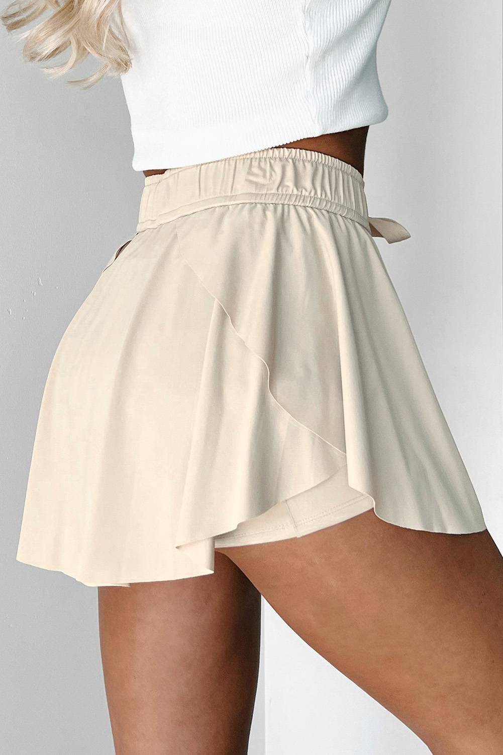 Beige Drawstring High Waist Lined Tennis Skorts - Image 3
