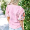 Beau Blue Floral Embroidered Puff Sleeve Split Neck Blouse