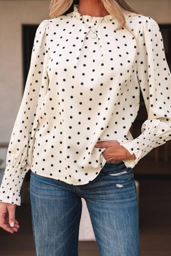 Apricot Polka Dot Print Frilled Collar Lantern Sleeve Blouse - Image 5