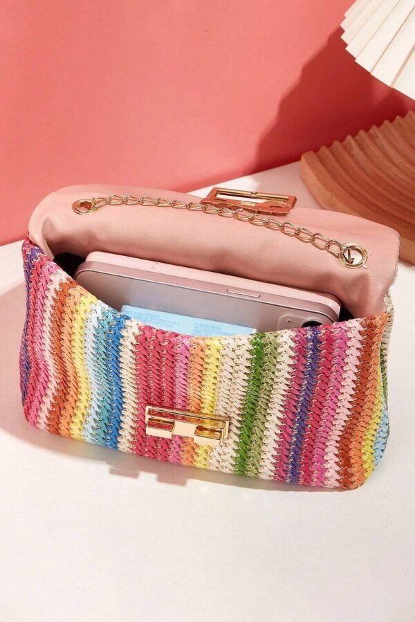 Strawberry Pink Bohemian Woven Gold Chain Shoulder Bag - Image 5