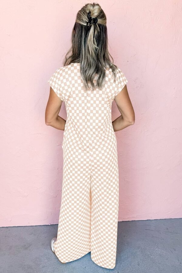 Khaki Checkered Print Buttoned Crew Neck Wide Leg Jumpsuit - Image 5