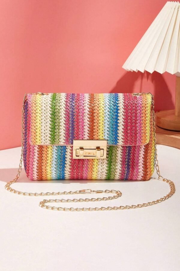 Strawberry Pink Bohemian Woven Gold Chain Shoulder Bag - Image 4