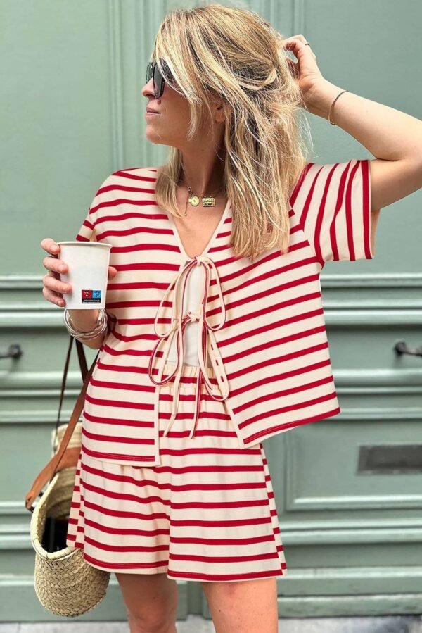 Red Stripe Lace-up Front Top and High Waist Shorts Set - Image 3