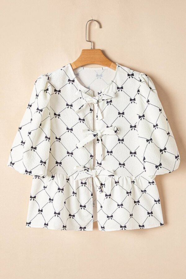 White Bowknot Print Front Knots Bubble Sleeve Blouse - Image 8
