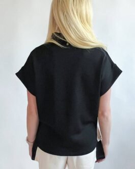Black Contrast Zipped Stand Collared T Shirt and Short Set