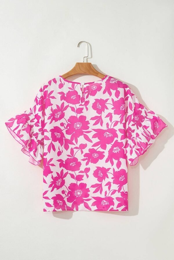 Pink Floral Printed Ruffled Short Sleeve Round Neck Loose Blouse - Image 6
