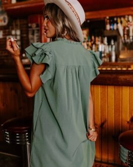 Mist Green Ruffle Sleeve V Neck Frilled Shift Dress
