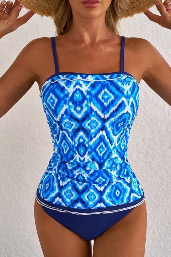 Navy Blue Abstract Print Frilled Trim Spaghetti Straps Tankini Set - Image 3
