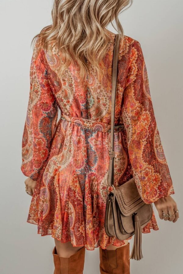 Orange Boho Paisley Print Long Sleeve Pleated Belted Mini Dress - Image 2