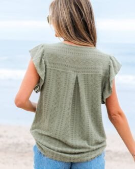 Laurel Green Flutter Sleeve Lace V Neck Shirt