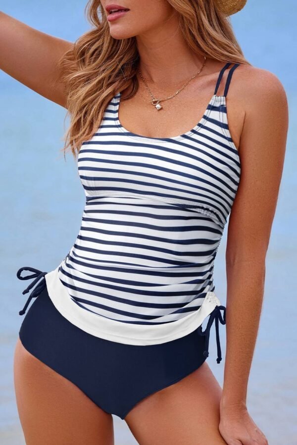 Blue Stripe Drawstring Tummy Control Mix-and-match 2pcs Tankini Swimsuit - Image 2