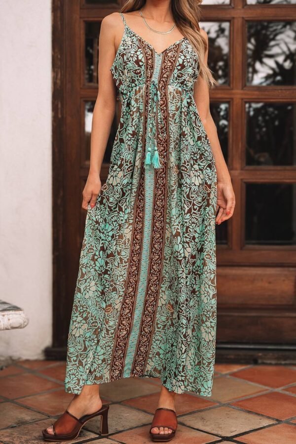 Green Floral Print V Neck Ruffled Trim Backless Tassel Waist Maxi Dress - Image 5